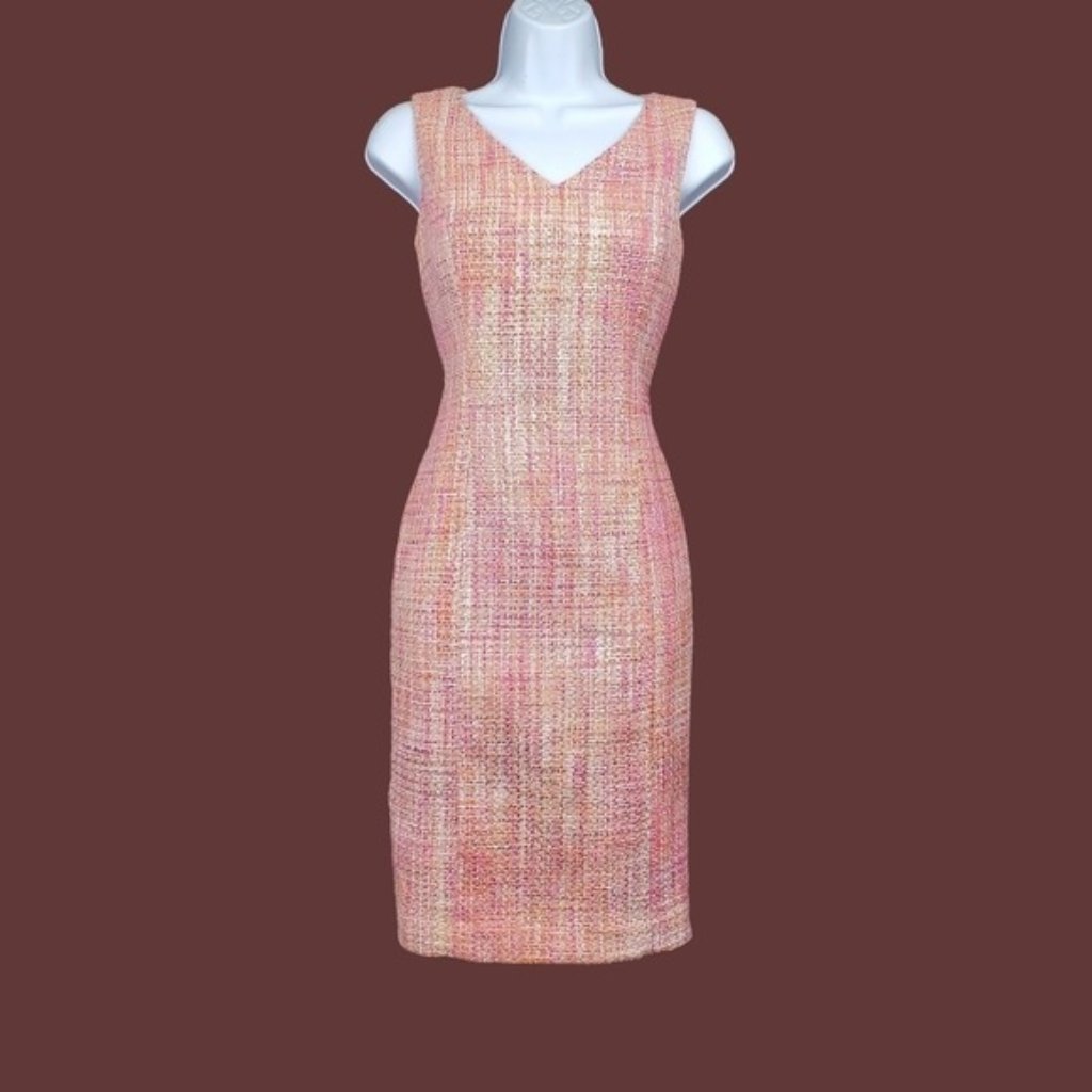 Talbots Womens Sleeveless Orange Pink V-Neck Tweed Sheath Mini Dress Size 4p Nwt